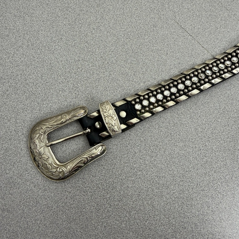 BB Simon Belt Womens 34 Black Studded Rhinestone Leather Western Silver Kippys - Picture 4 of 8